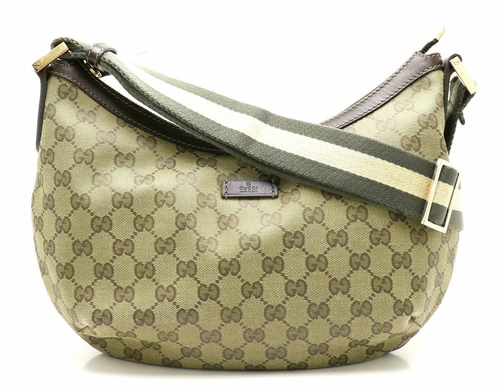 Gucci GG Crossbody Bag gusset canvas leather Khaki Green dark brown